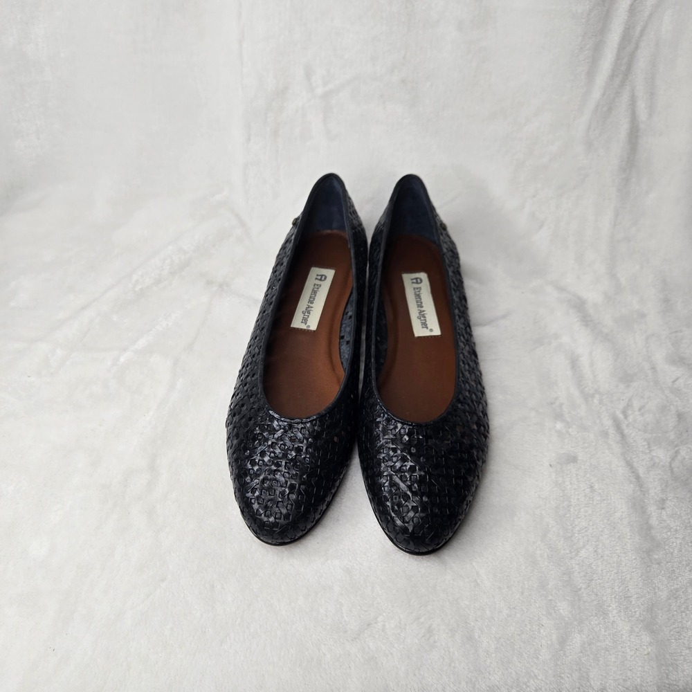 Etienne Aigner Black Woven Leather Lace Flats Almond Toe Shoes Women's 8.5M - Picture 4 of 11